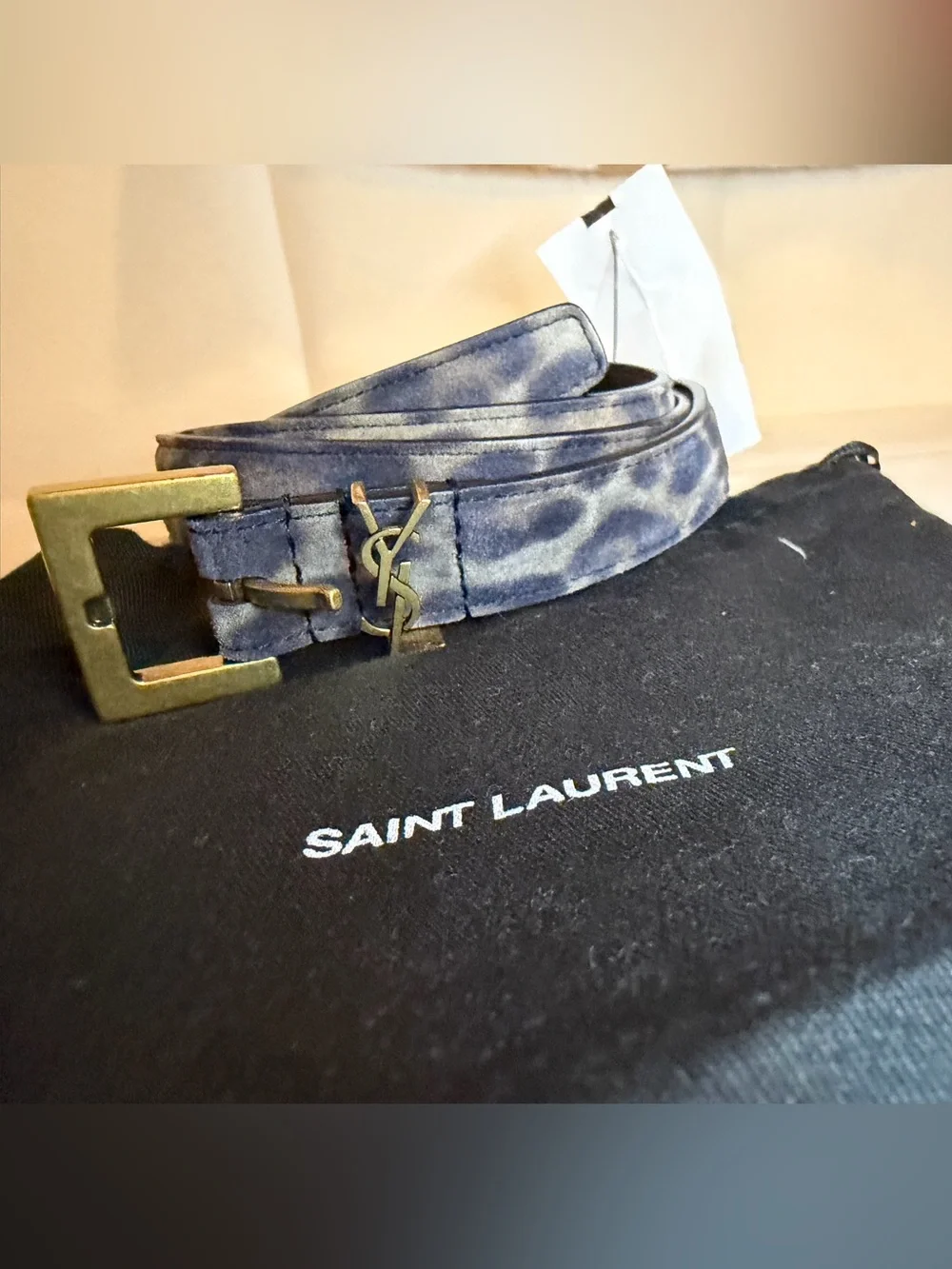 Saint Laurent Cassandre Monogram Leopard Print Leather Belt Manto Grey Brown 85